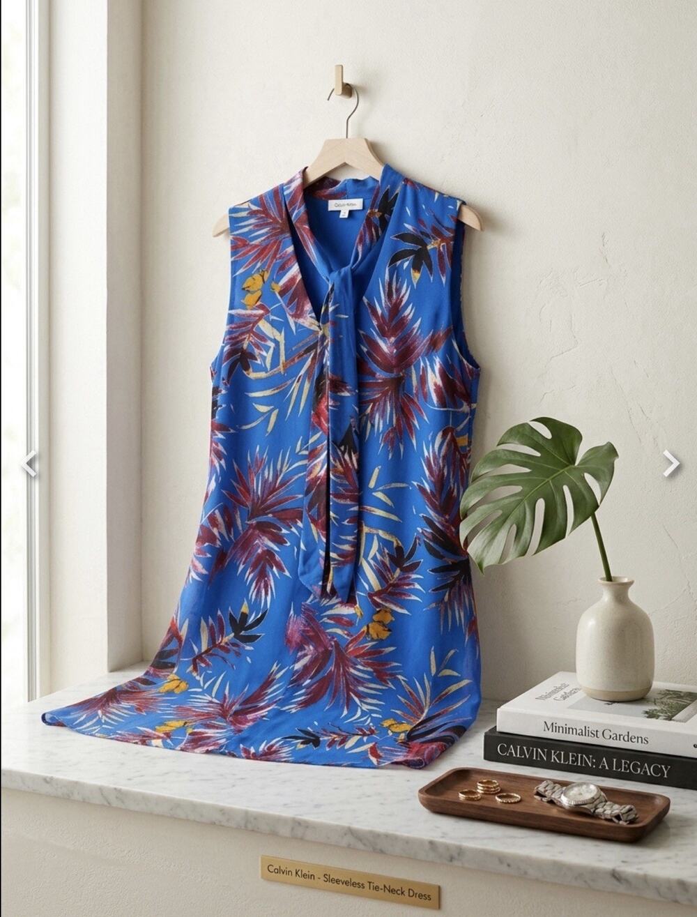 Calvin Klein Blue Tropical Print Sleeveless Tie-Neck Dress Excellent Condition